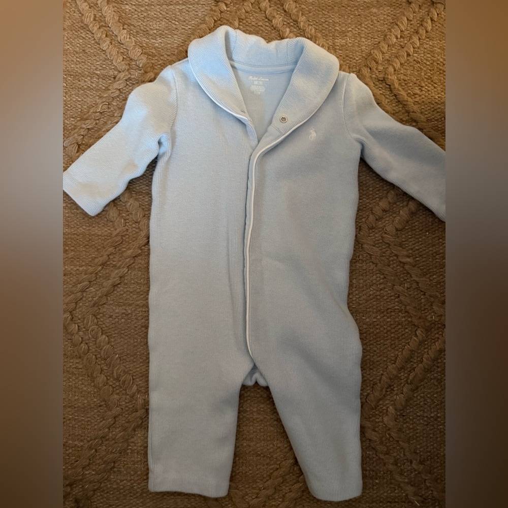 Ralph Lauren Baby Knit Onesie 6 Months | Light Blue Long Sleeve